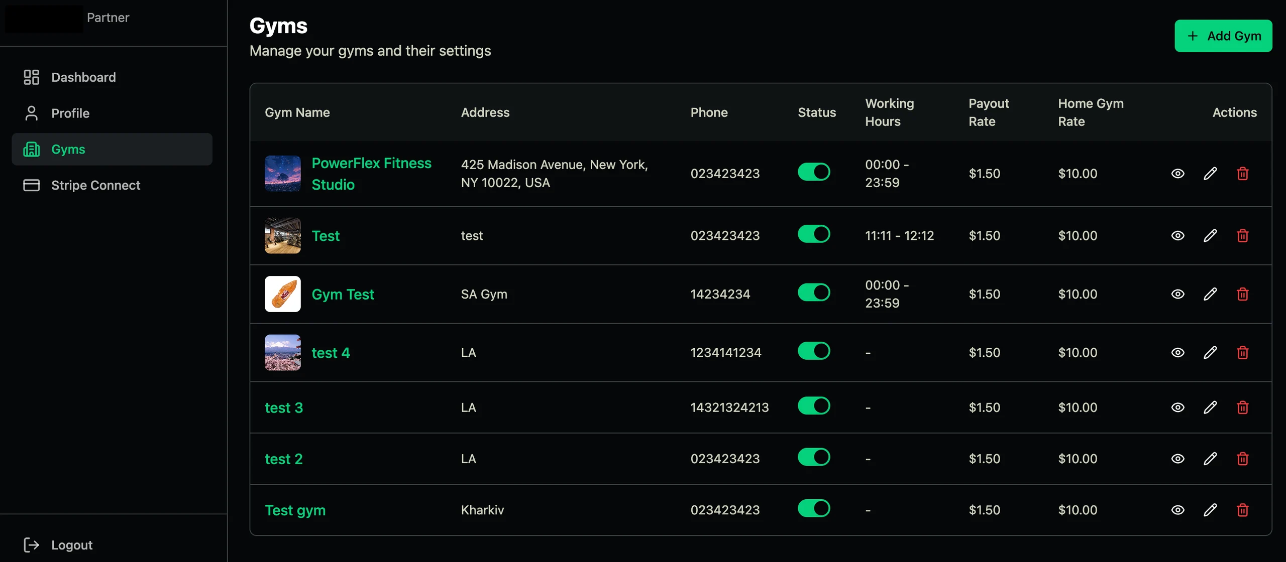 Gymify admin table listing partner gyms with status, pricing and credit settings