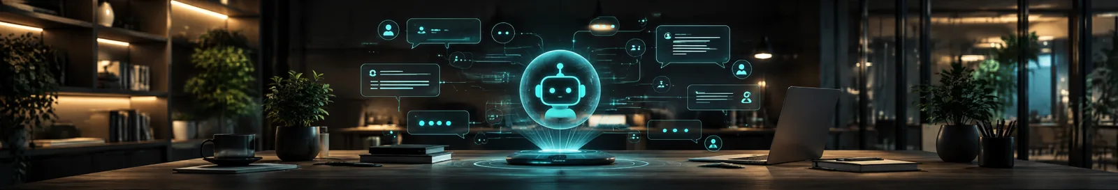 Conversation panels around a glowing assistant orb from AI chatbot development services
