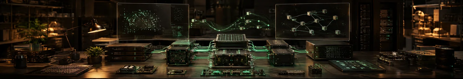 Neural graph panels and data screens on a dark bench at an AI development company