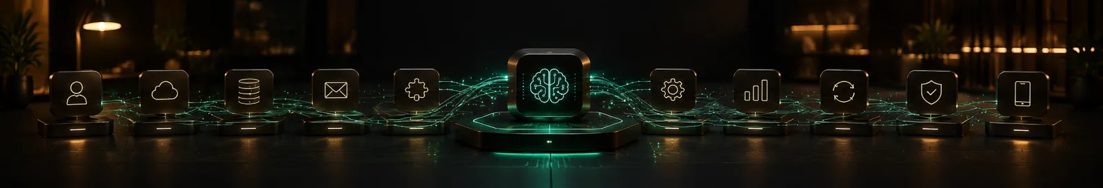 Glowing model core wired into existing product screens through AI integration services
