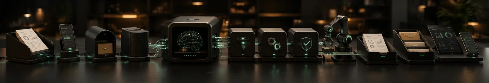 Documents moving through processing units around a neural core in AI workflow automation