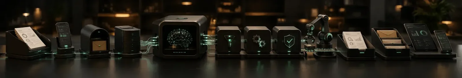 Documents moving through processing units around a neural core in AI workflow automation