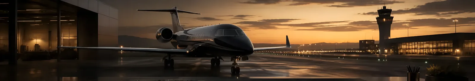 Business jet on the apron at dusk beside a control tower, served by aviation maintenance software