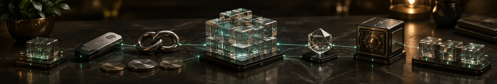 Chained glass blocks and signed tokens on a dark table from smart contract development