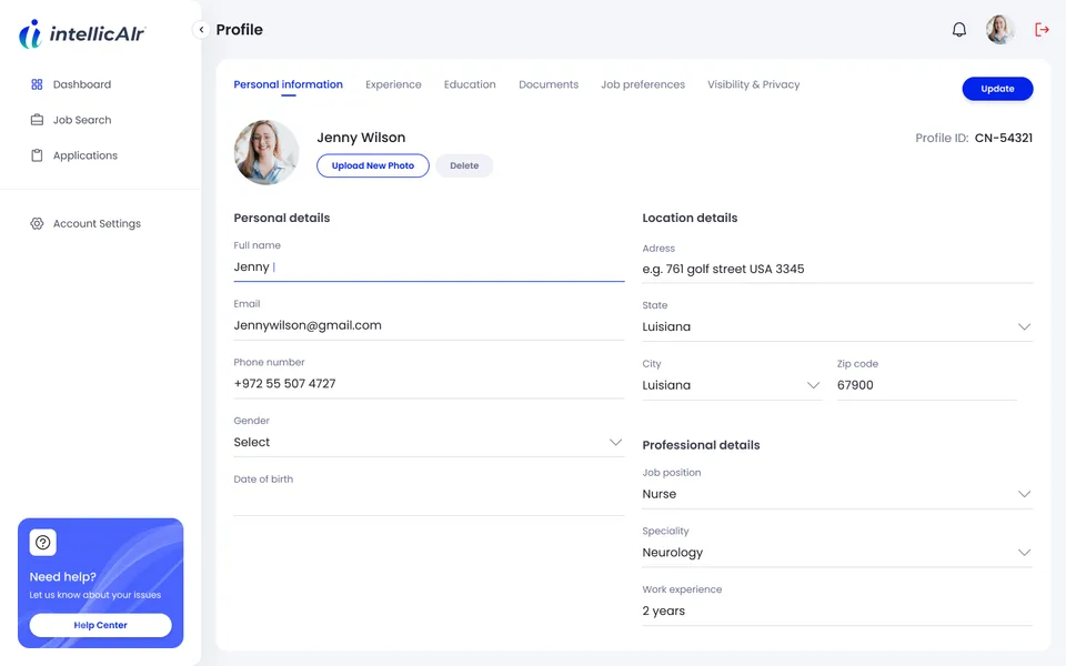 IntellicAIr candidate profile with personal, location and professional details