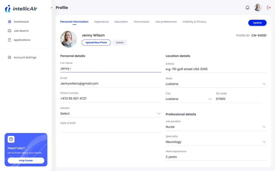 IntellicAIr candidate profile with personal, location and professional details