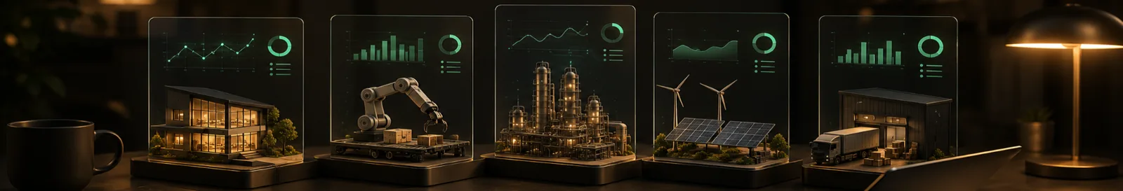 Illuminated panels of client dashboards, robotics and logistics from software development case studies