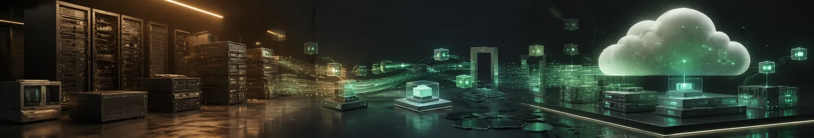 Server racks streaming workloads into a glowing cloud during cloud migration services