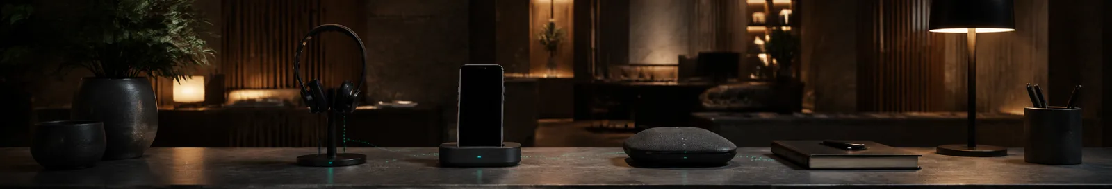 Quiet office desk with a phone and lamp, set up for a first call