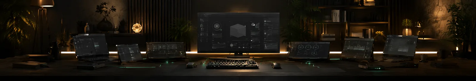 Row of lit workstations in a quiet studio where a dedicated development team works