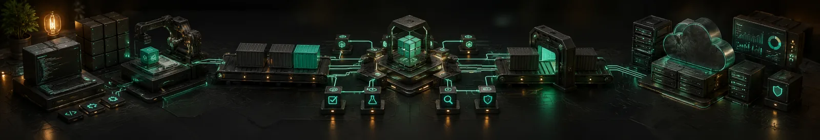 Build, test and deploy stages linked in a pipeline with green checks from DevOps services