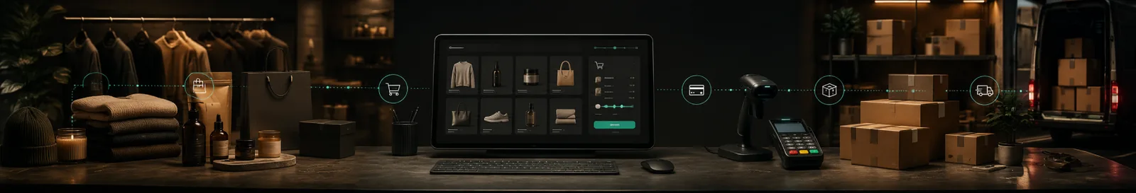 Storefront on a laptop with a card reader, parcels and stock from custom ecommerce development