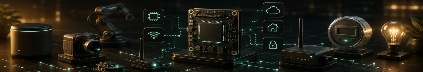 Speaker, camera, robotic arm and chip linked with home and security icons across embedded and connected products