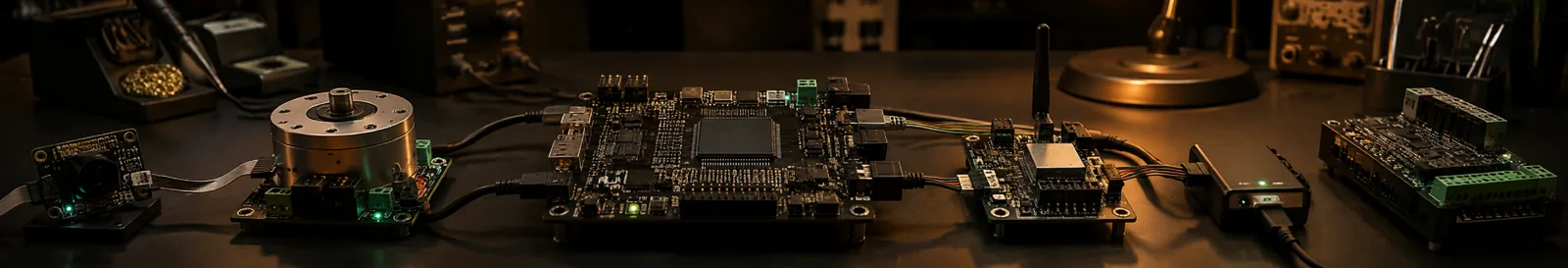 Development boards, modules and probes on a bench used for embedded software development