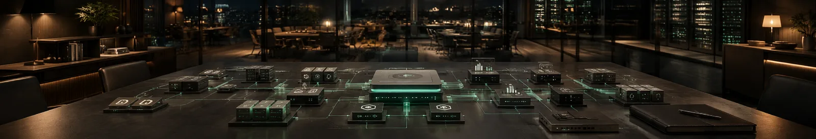 Connected business modules and server racks that make up enterprise software development