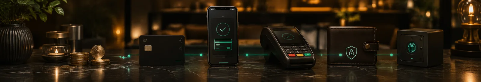 Phone approving a payment beside a card terminal and security shield in fintech software development