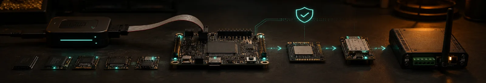 Microcontroller boards and chips wired together with a security shield above firmware development
