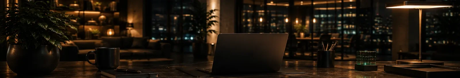 Night office desk with a laptop and analytics screens behind the software development blog