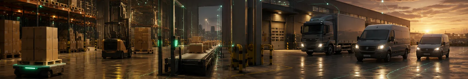 Stocked warehouse racks beside a lined-up delivery fleet under fleet management software