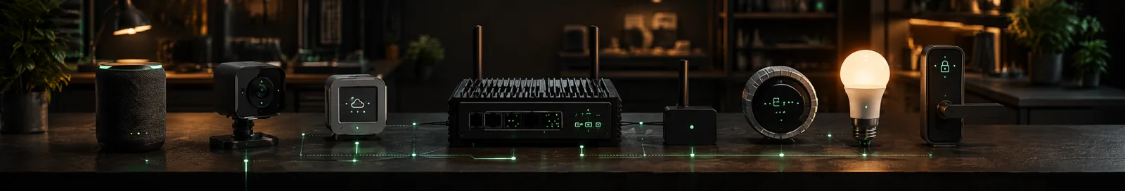 Smart speaker, camera, gateway, thermostat and bulb connected by an IoT development company
