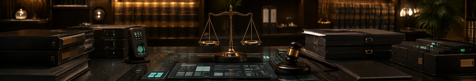 Law books, scales and a gavel beside a matter dashboard in legal case management software