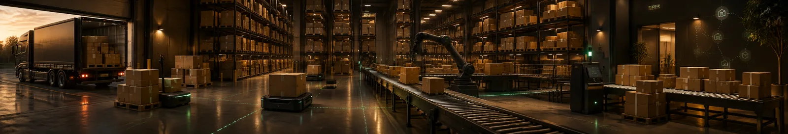Warehouse racking, mobile robots and a loading dock served by logistics software development