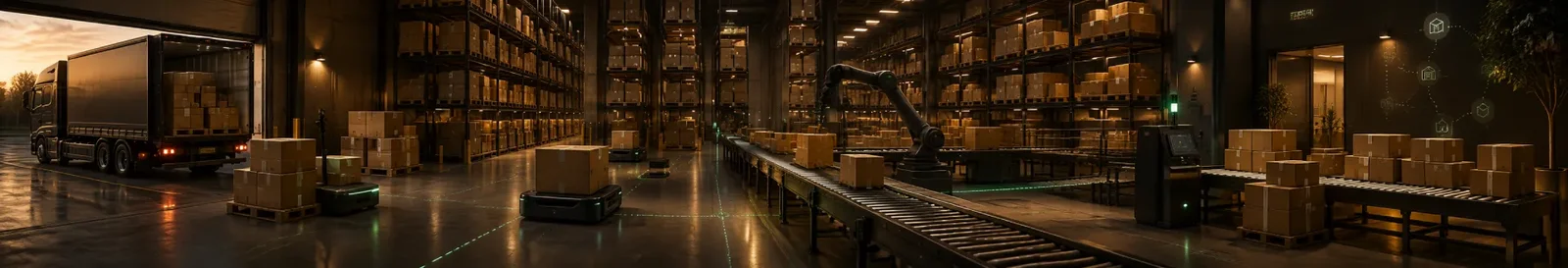 Warehouse racking, mobile robots and a loading dock served by logistics software development