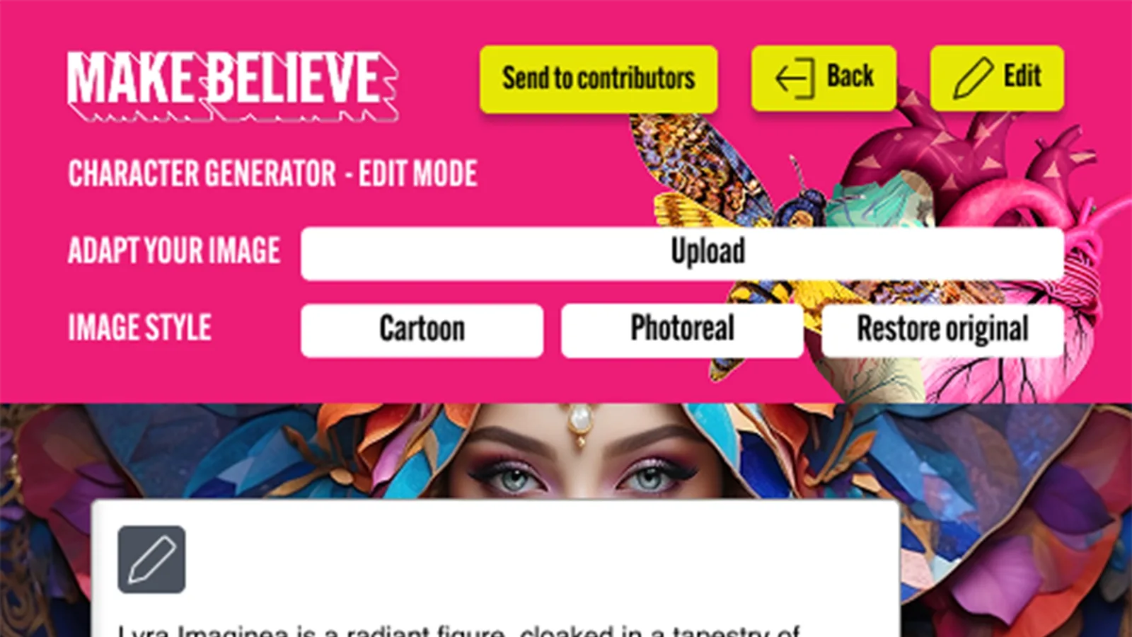 Make Believe character generator in edit mode with image upload and cartoon, photoreal and restore original style options