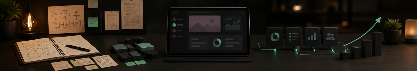 Wireframe sketches, a live dashboard and a rising usage curve from MVP development services