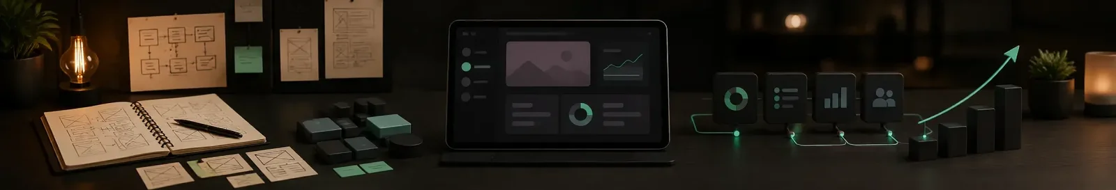 Wireframe sketches, a live dashboard and a rising usage curve from MVP development services