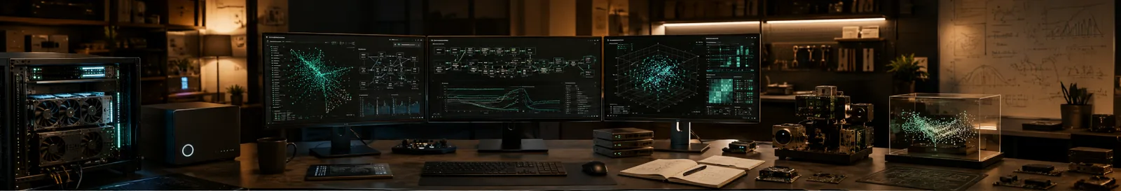 Monitors plotting clustered training data beside a GPU tower in machine learning development services