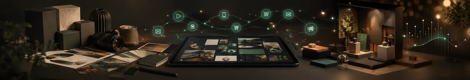 Design table of images, layouts and media tiles organized by digital asset management software