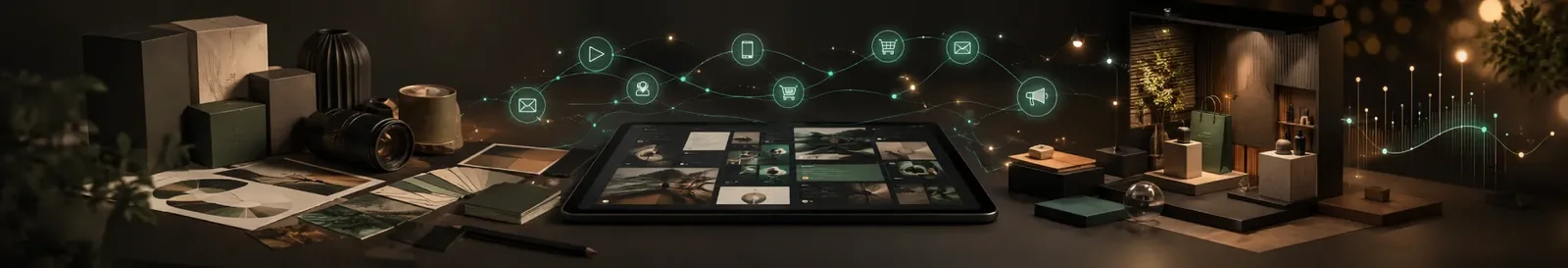 Design table of images, layouts and media tiles organized by digital asset management software