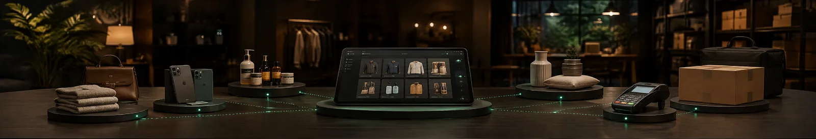 Seller goods beside a tablet showing a multi-vendor listing grid from marketplace app development