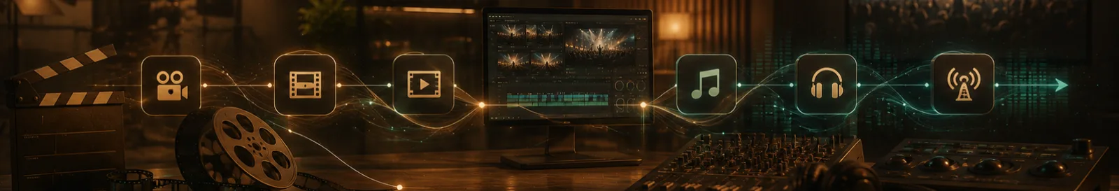 Film reel, player and audio icons connected to a cinema audience by a video streaming app development company