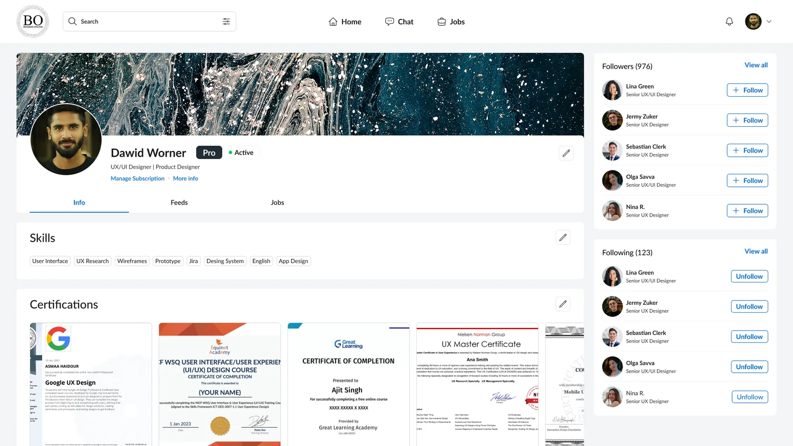 BoardsOnline member profile with details, certifications and a job feed