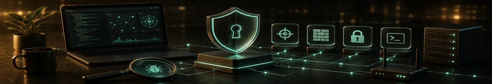 Laptop terminal beside a shield and keyhole, running penetration testing services against a network
