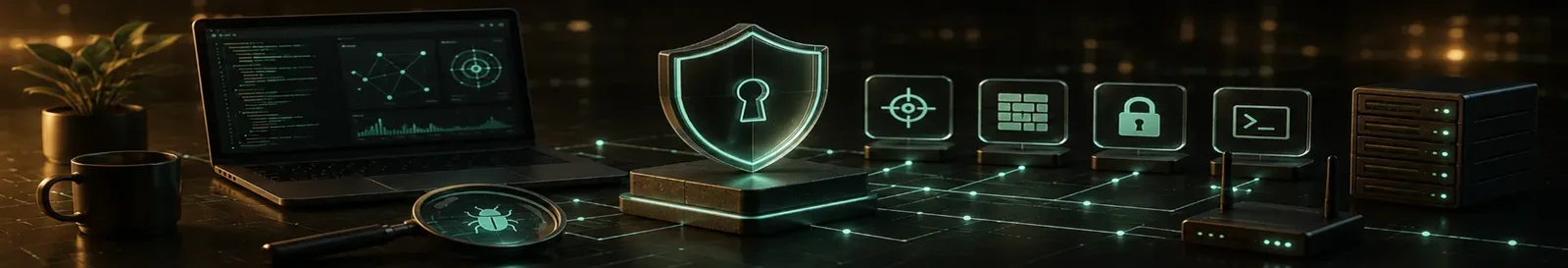 Laptop terminal beside a shield and keyhole, running penetration testing services against a network