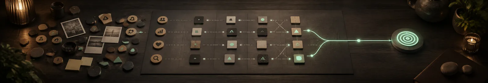 Roadmap tiles converging on a single target, the shape of product strategy consulting