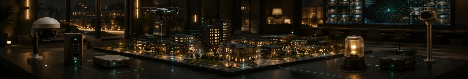 City block model under monitoring overlays and a dispatch console running incident management software