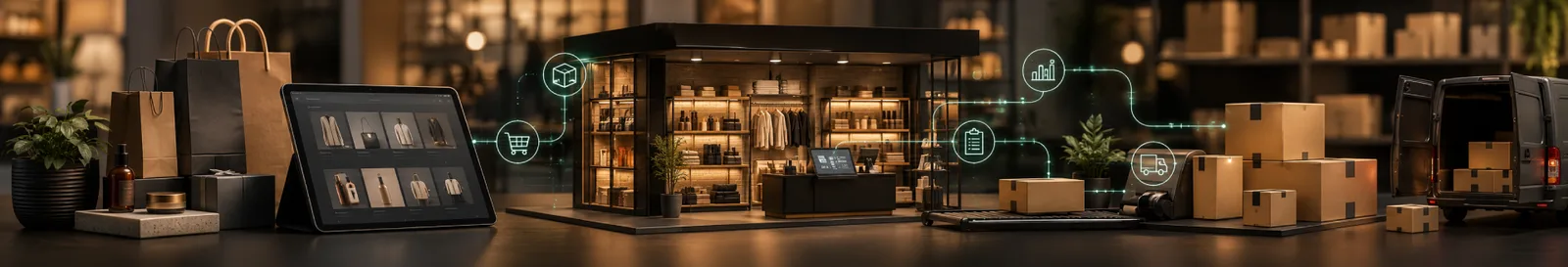Shop shelving, parcels and a product catalog tablet built with retail software development