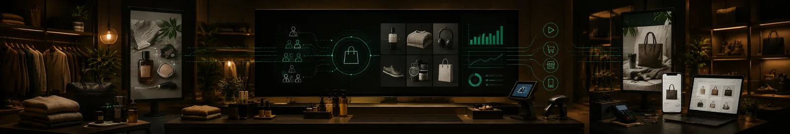 In-store screens playing ads with campaign metrics beside them across a retail media network