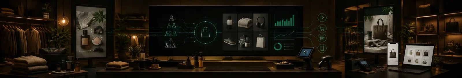 In-store screens playing ads with campaign metrics beside them across a retail media network