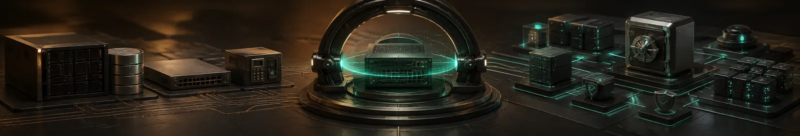 Server racks under a protective dome with lock icons from security consulting services