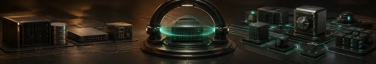Server racks under a protective dome with lock icons from security consulting services