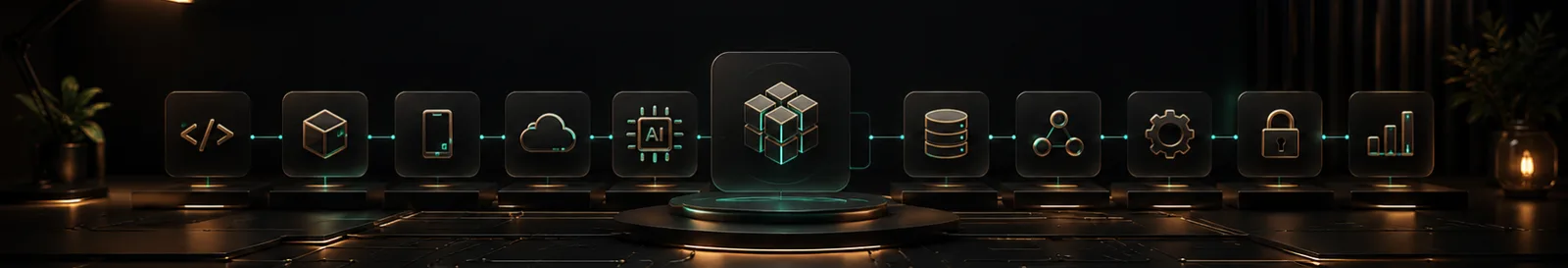 Row of glowing icons for code, mobile, cloud, data and security software engineering services
