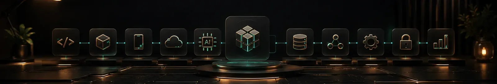 Row of glowing icons for code, mobile, cloud, data and security software engineering services