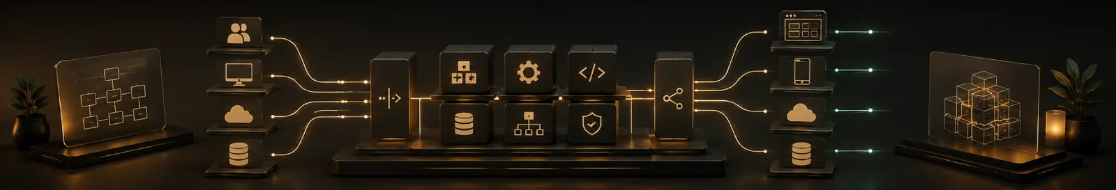 Diagram panels linking services, databases and cloud nodes during software architecture consulting