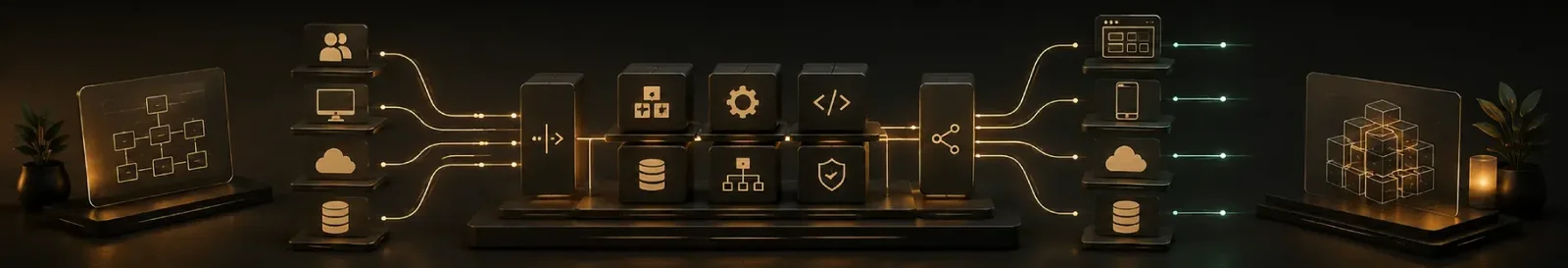 Diagram panels linking services, databases and cloud nodes during software architecture consulting