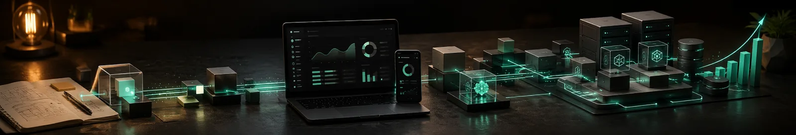 Sketch pad, product dashboard and a rising curve from software development for startups